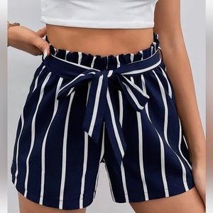 Striped Paper Bag Waist Belted Shorts Navy/White